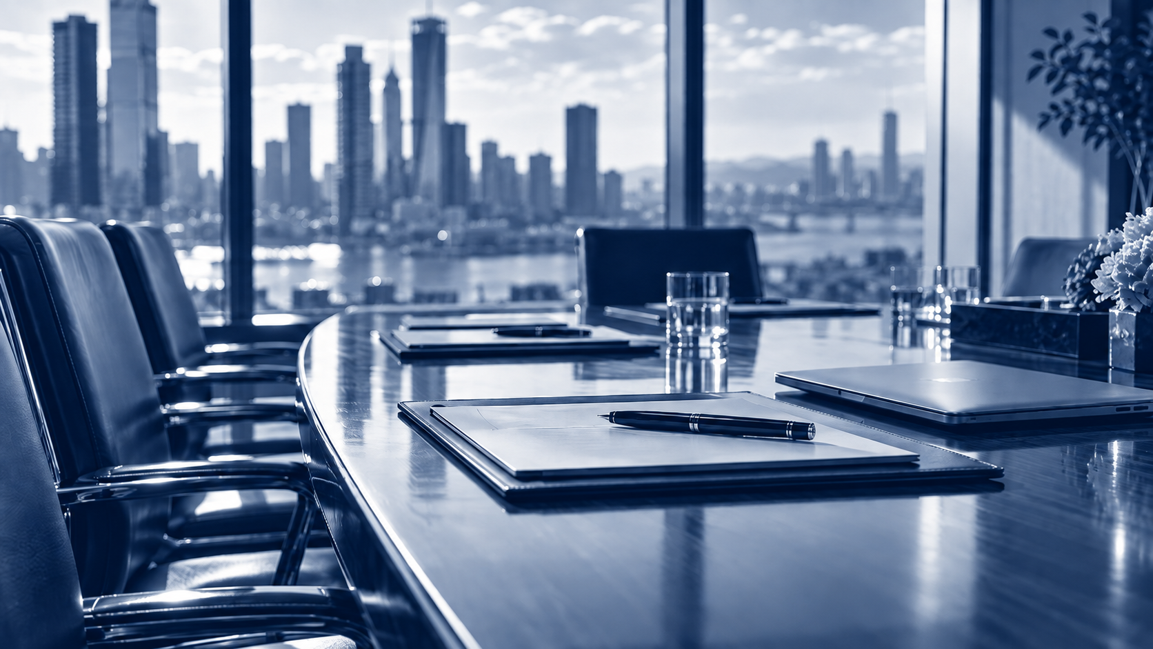 Boardroom table with documents and a pen overlooking a city skyline