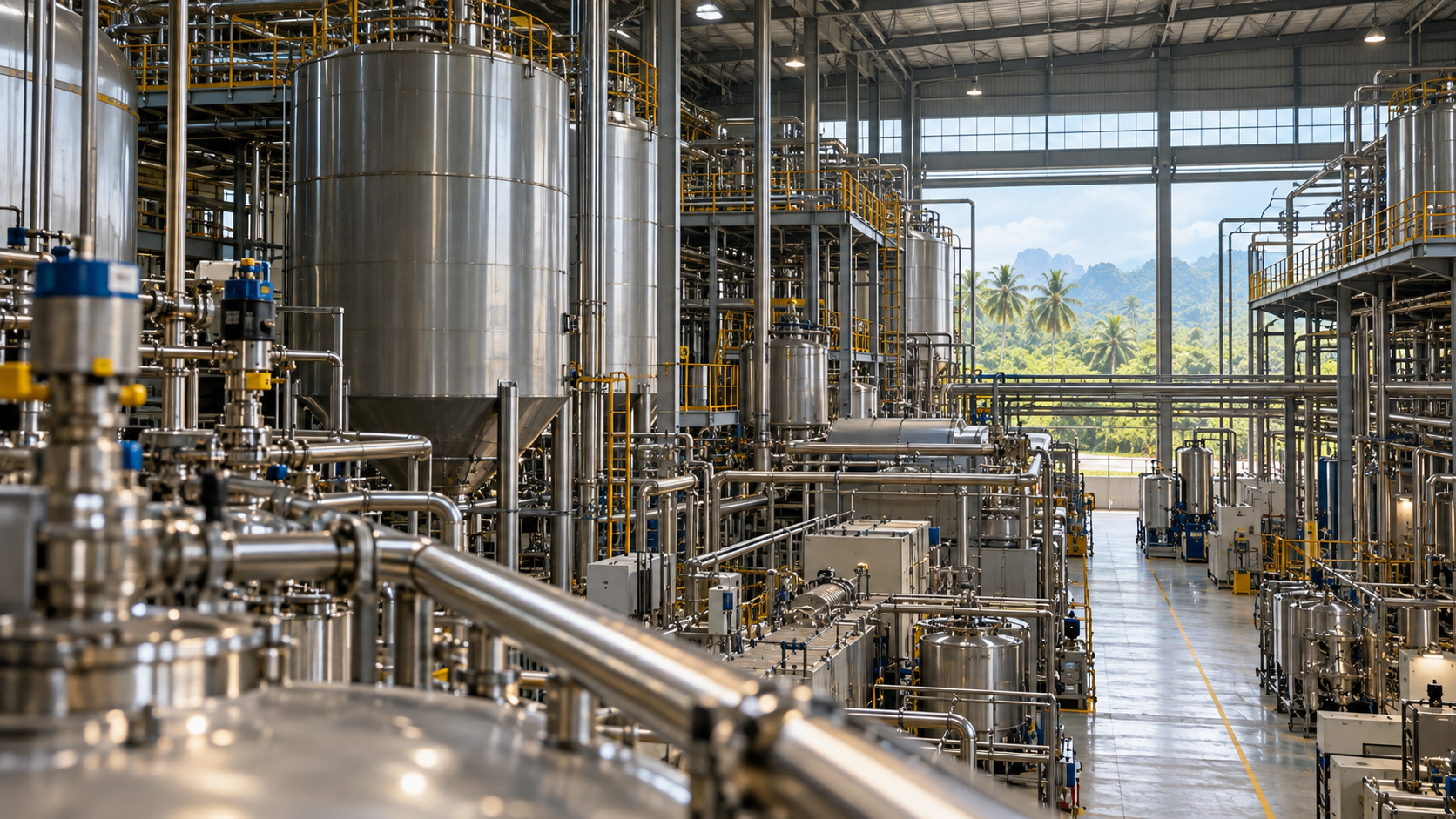 Stainless-steel processing tanks inside an edible oil manufacturing facility